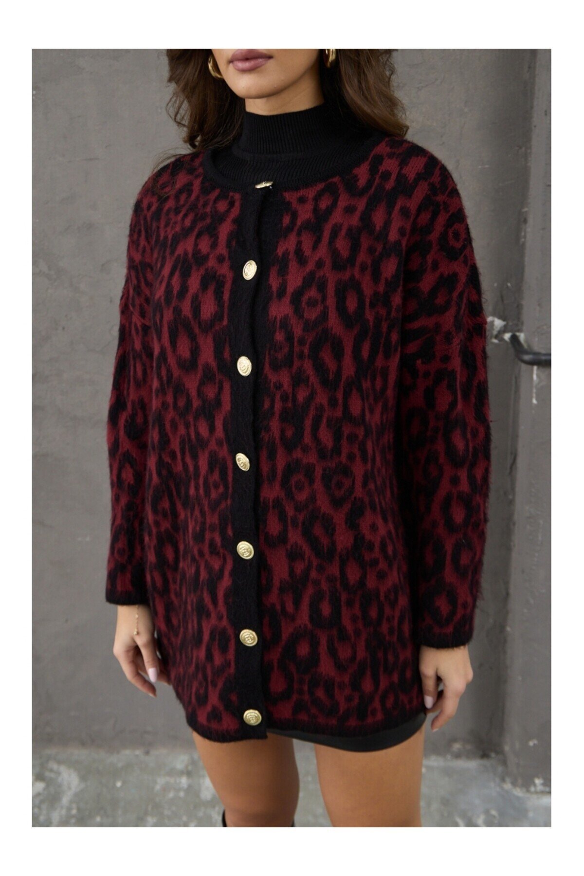 Bordo Siyah Leopar Yün Efekt Hırka
