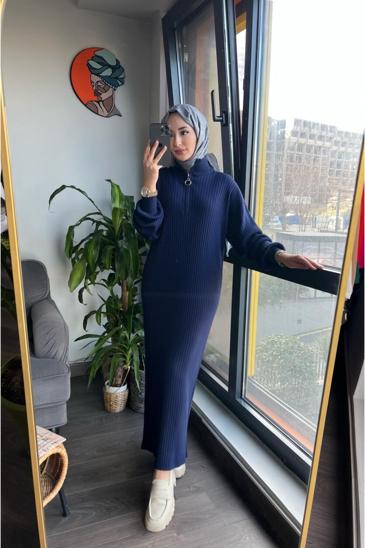 Fermuarlı Fitilli Triko Elbise