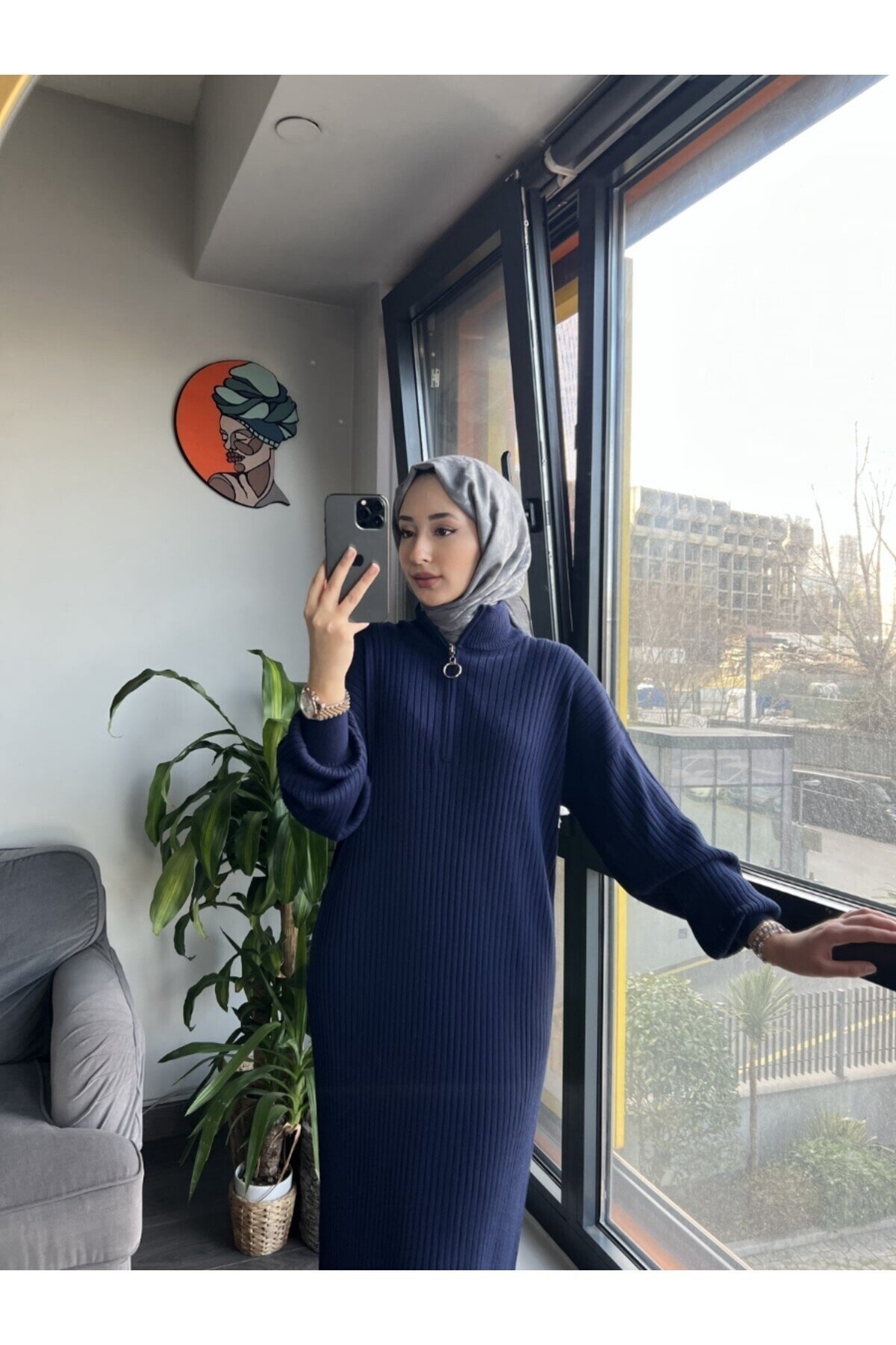 Fermuarlı Fitilli Triko Elbise