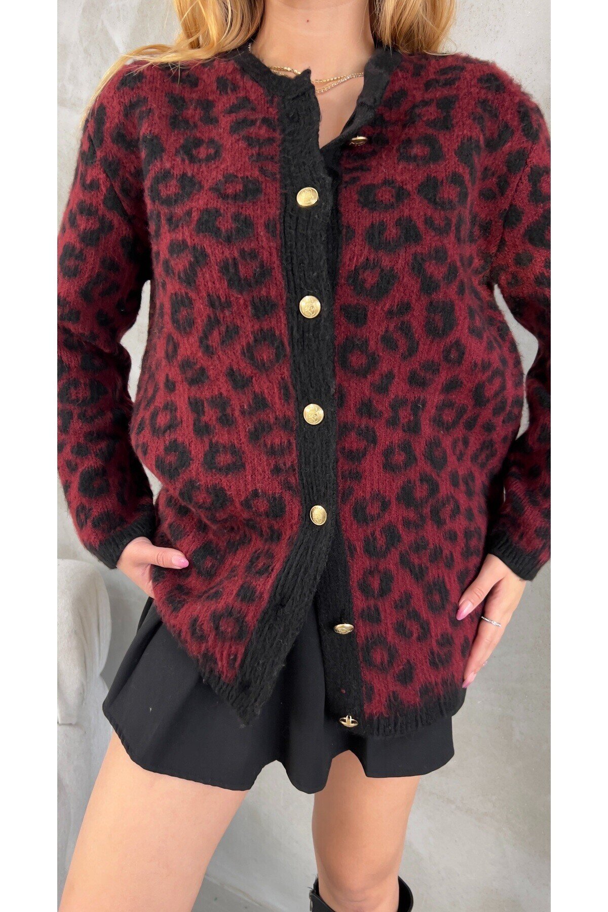 Kadın Bordo Leopar Desenli şardonlu Hırka