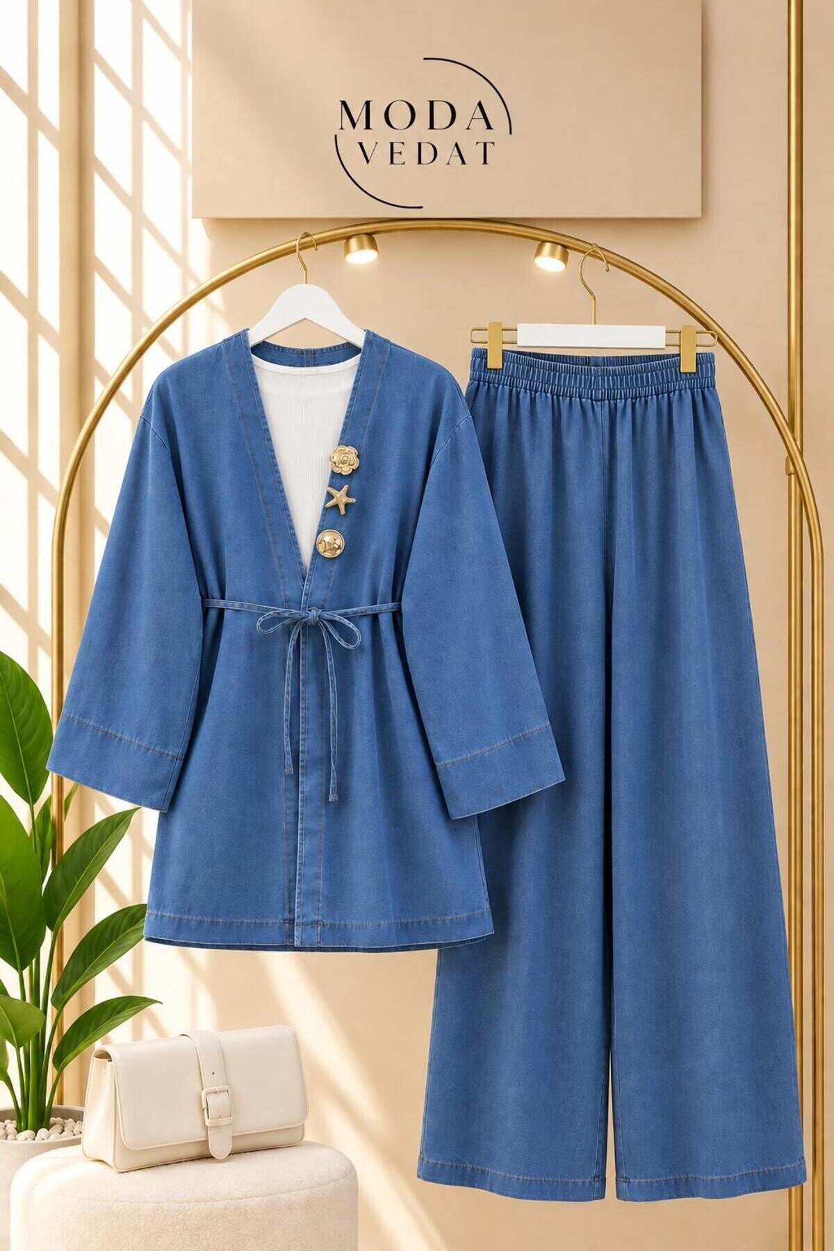 Kadın Bronş Detaylı Kimono Kot Takım -0800 (AÇIK MAVİ)