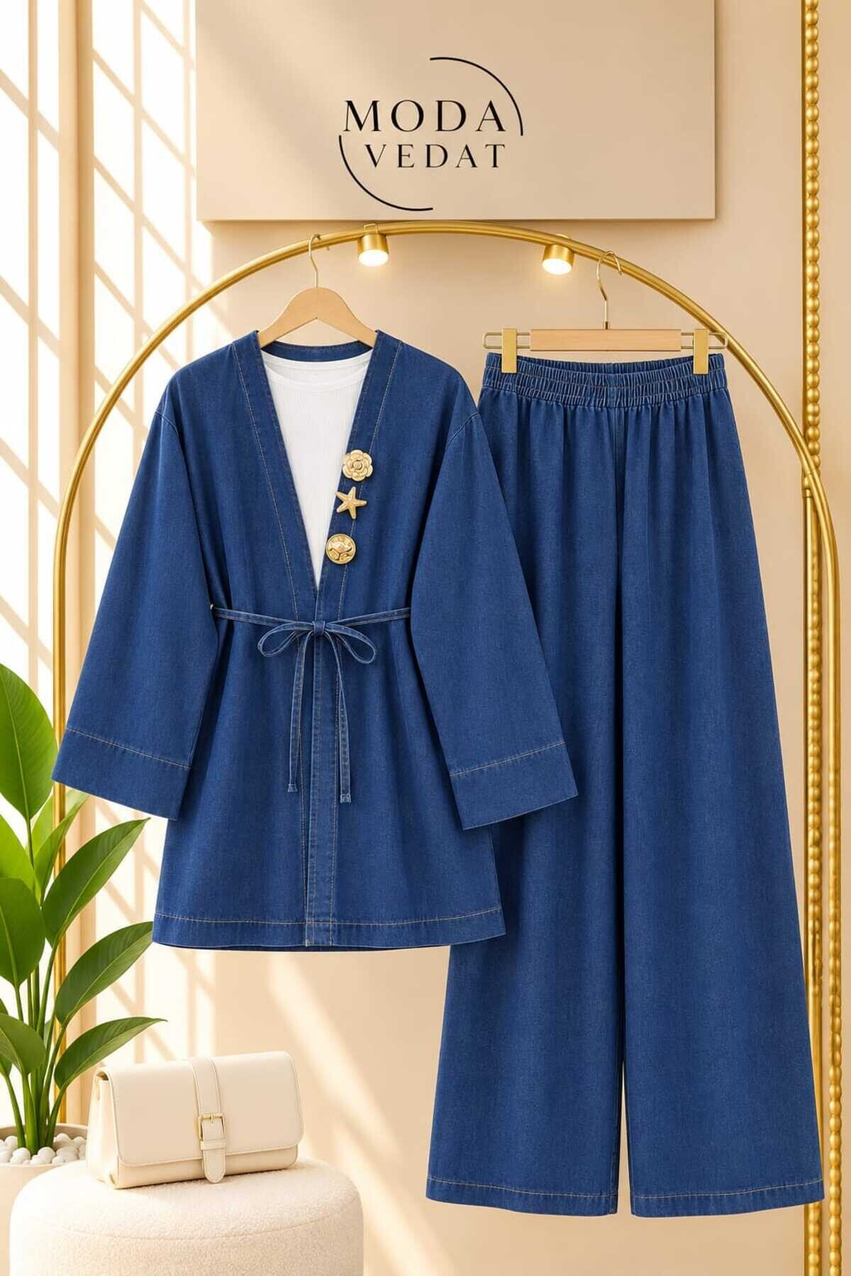 Kadın Bronş Detaylı Kimono Kot Takım -0800 (LACİ)