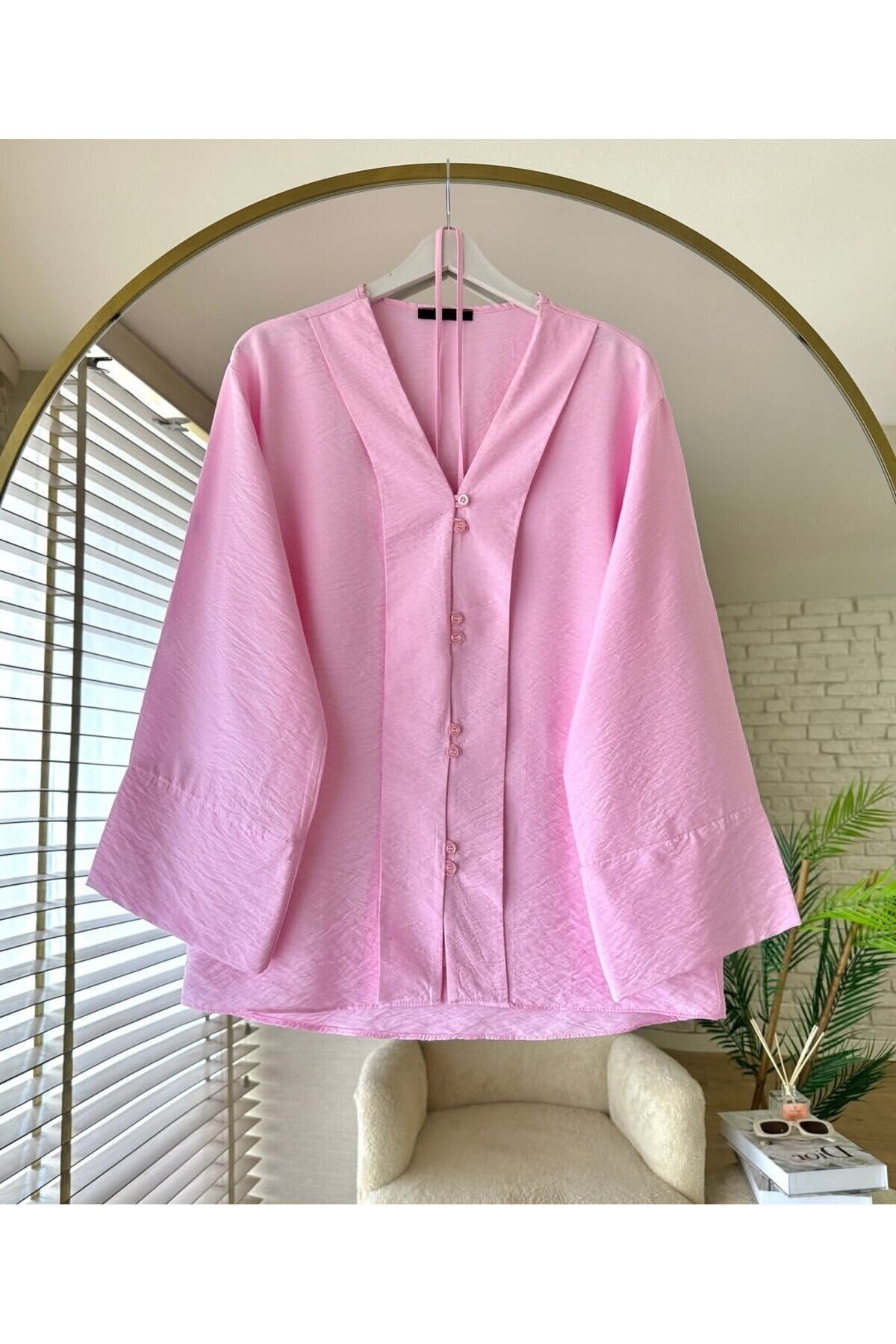 Kadın Düğme Detaylı Çilek Kumaş Kimono -0350