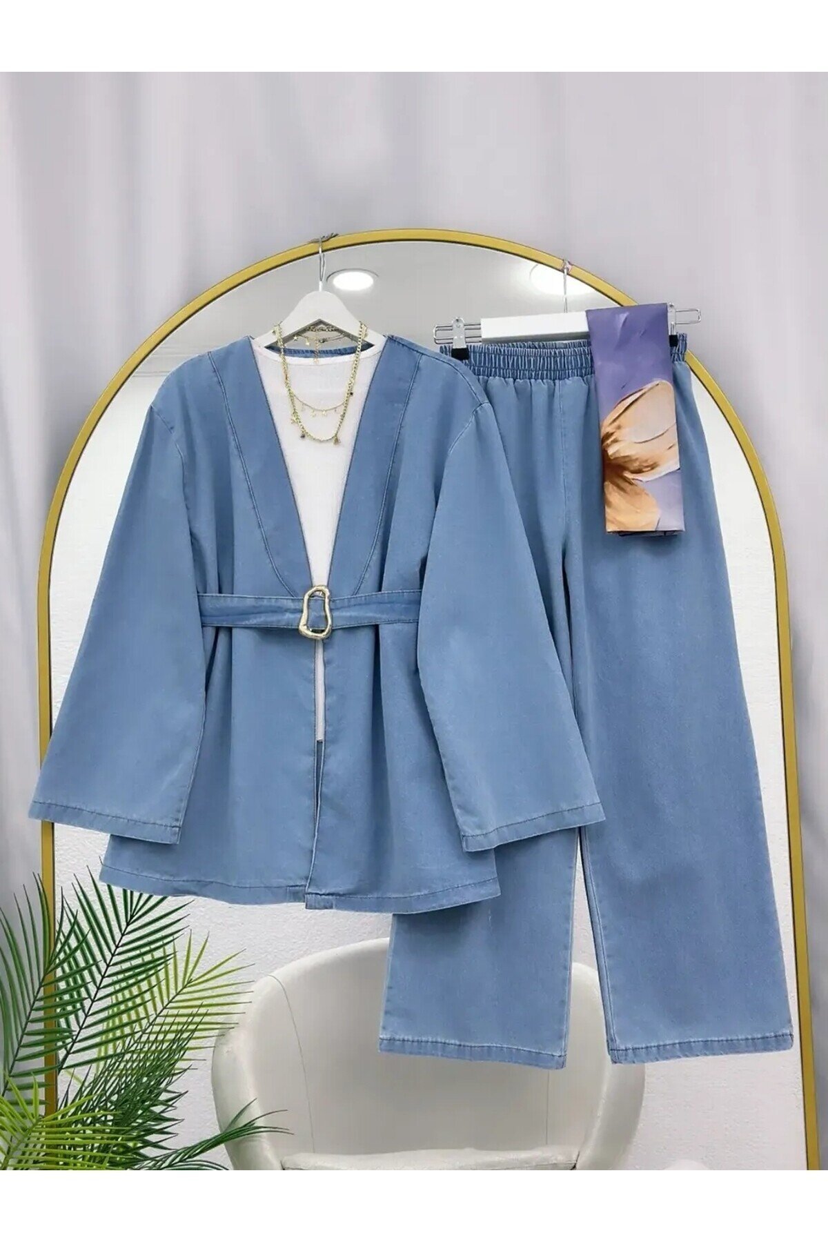 Kadın Kemer Detaylı Kimono Pantolonlu Kot Takım -0750