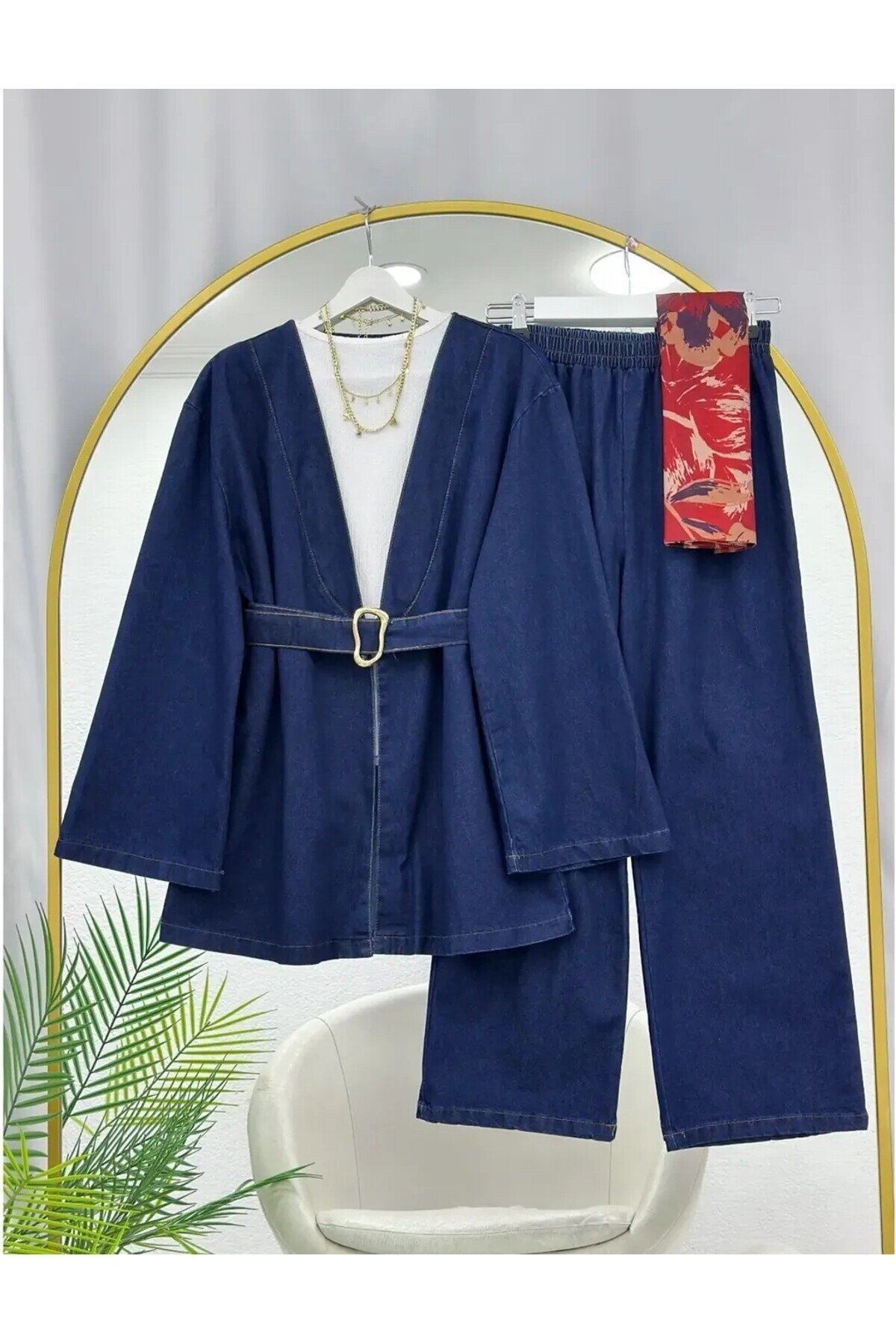 Kadın Kemer Detaylı Kimono Pantolonlu Kot Takım -0750 (LACİ)
