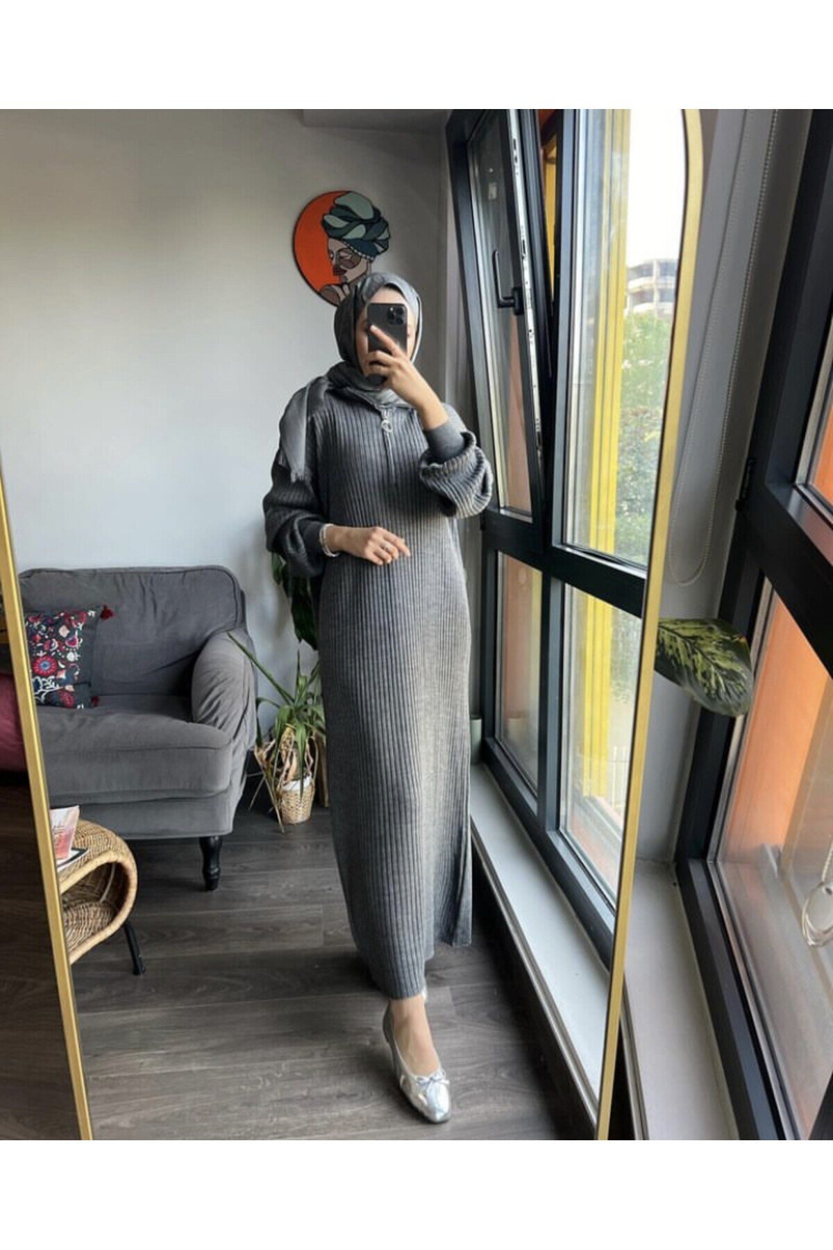 Kadın Oversize Fitilli Yaka Fermuarlı Triko Elbise