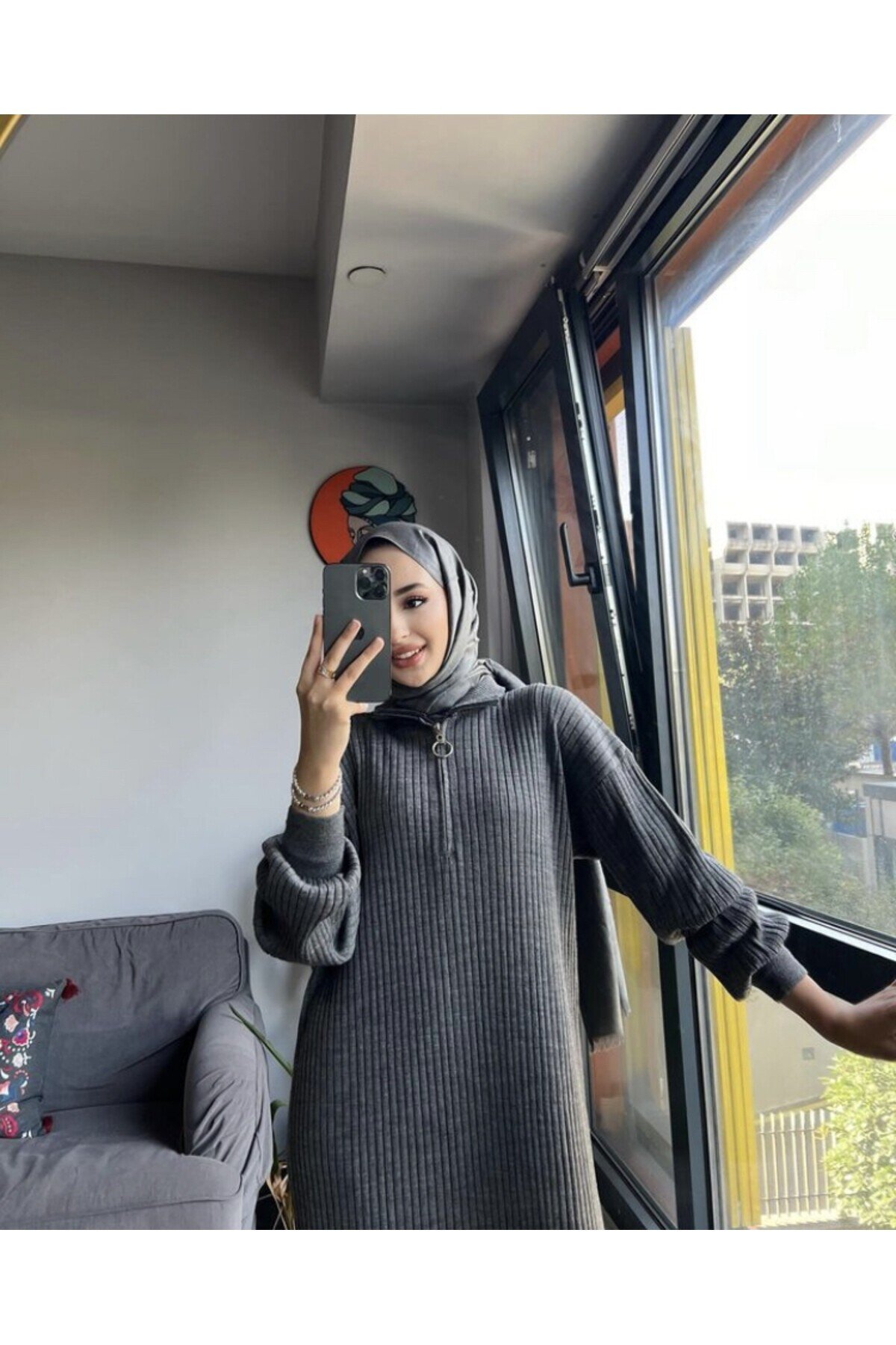 Kadın Oversize Fitilli Yaka Fermuarlı Triko Elbise