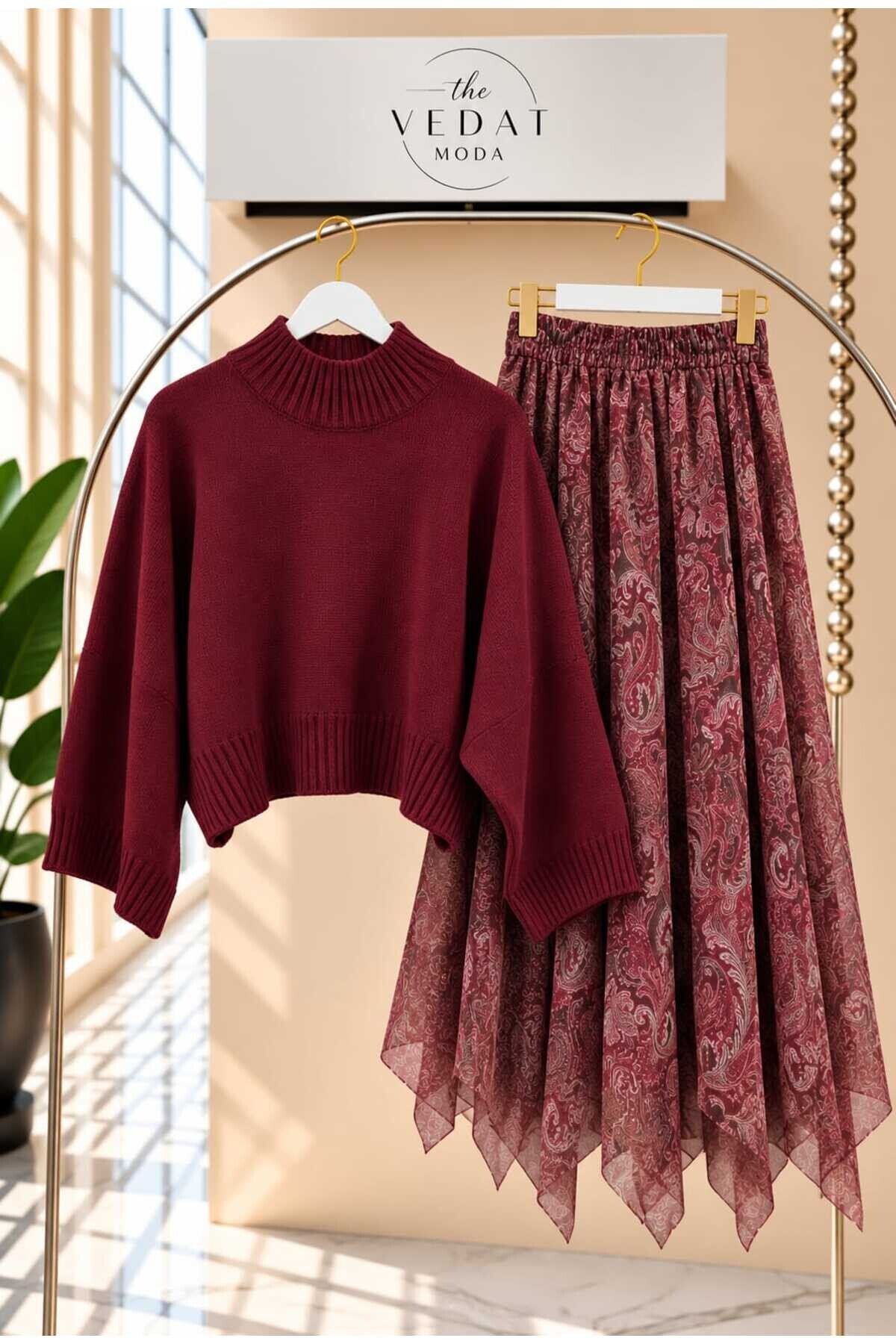 Kadın Oversize Triko Bluz - Asimetrik Kesim Tül Etekli Takım -0630