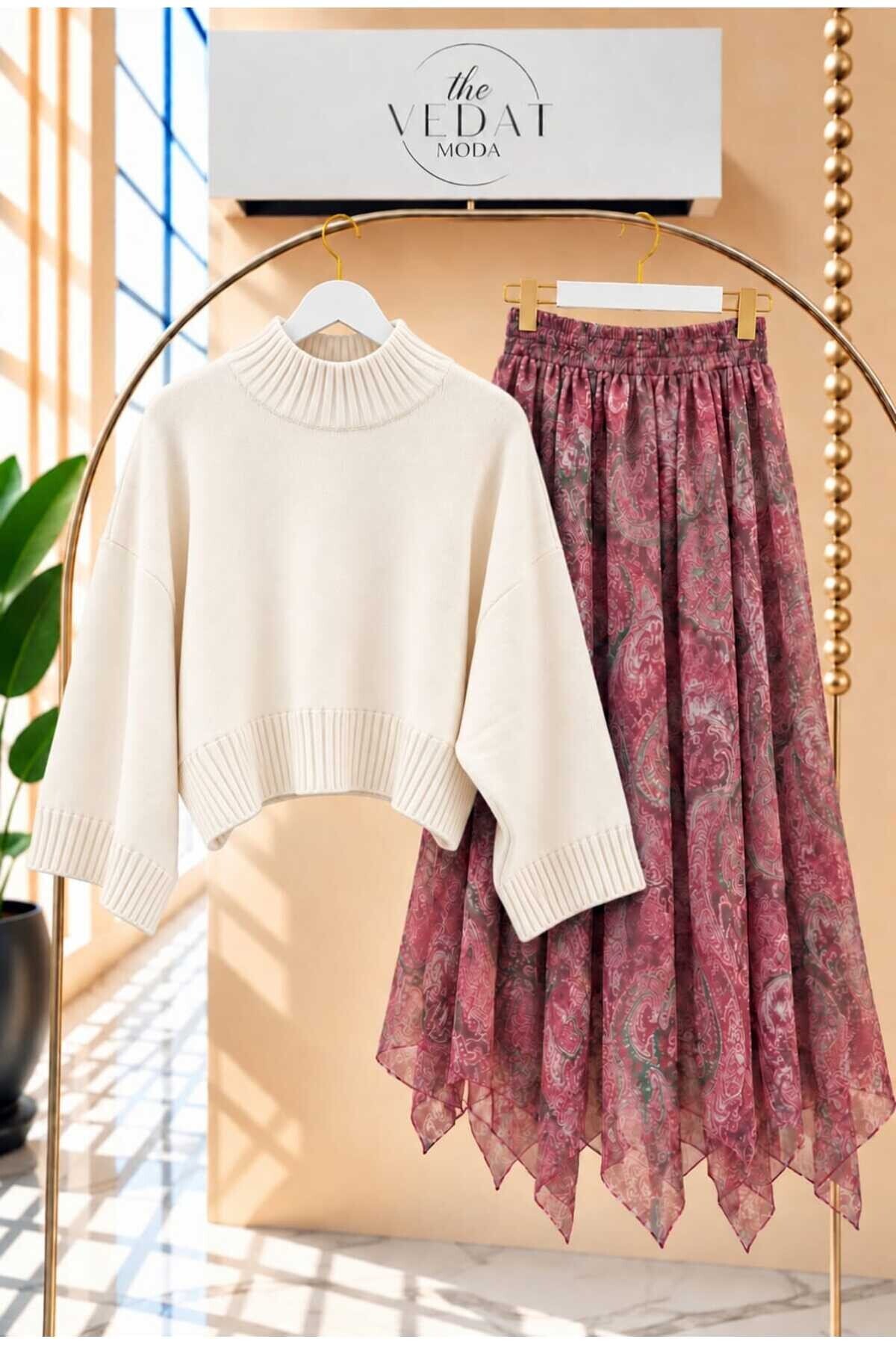 Kadın Oversize Triko Bluz - Asimetrik Kesim Tül Etekli Takım -0630