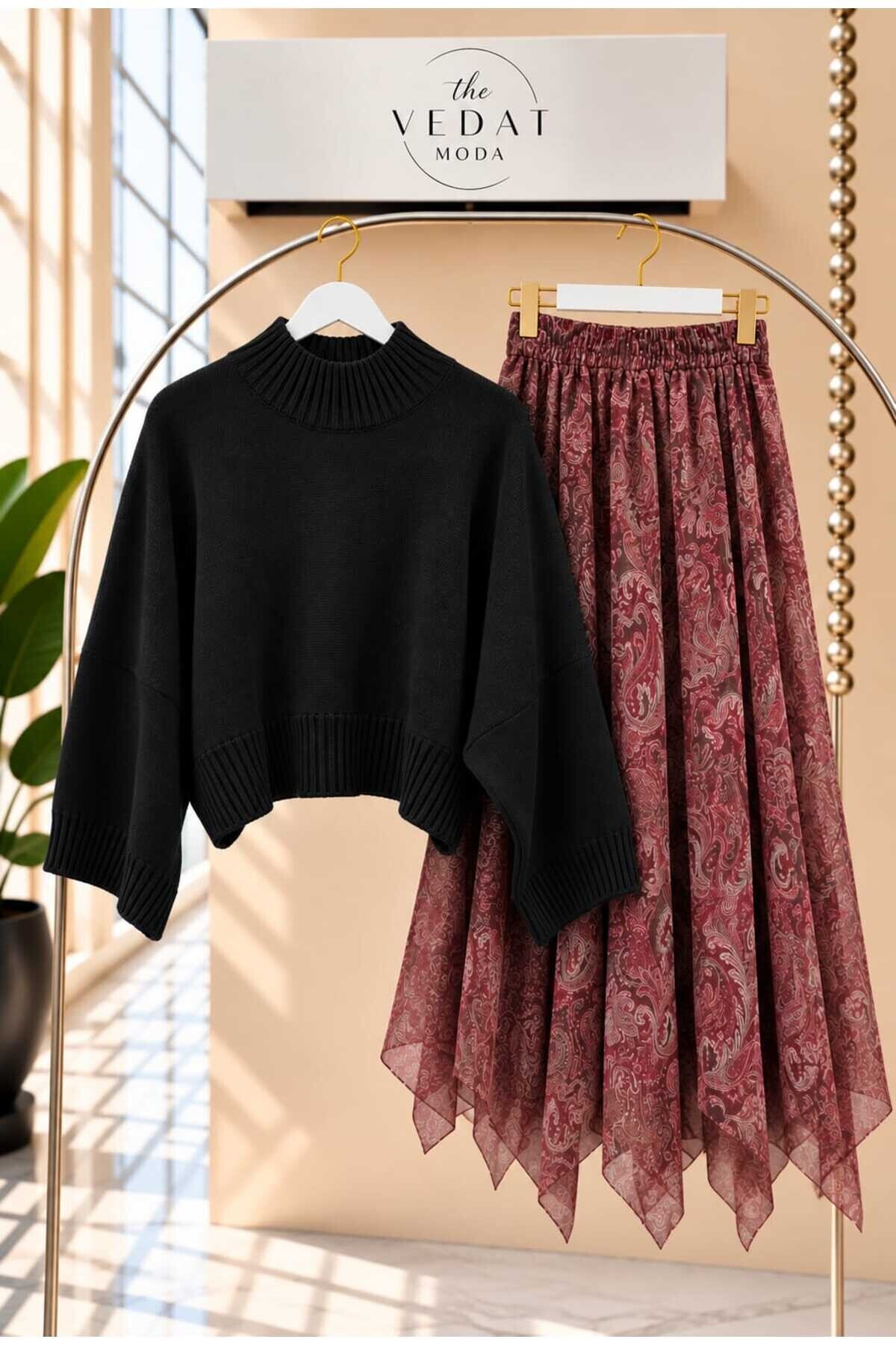 Kadın Oversize Triko Bluz - Asimetrik Kesim Tül Etekli Takım -0630