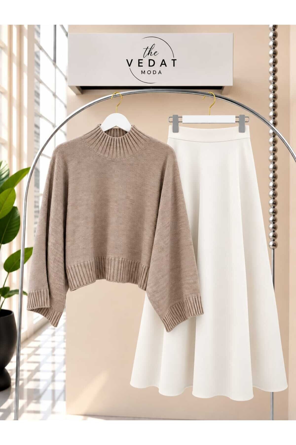Kadın Oversize Triko Bluz - Puf Scuba Etekli Takım -0500