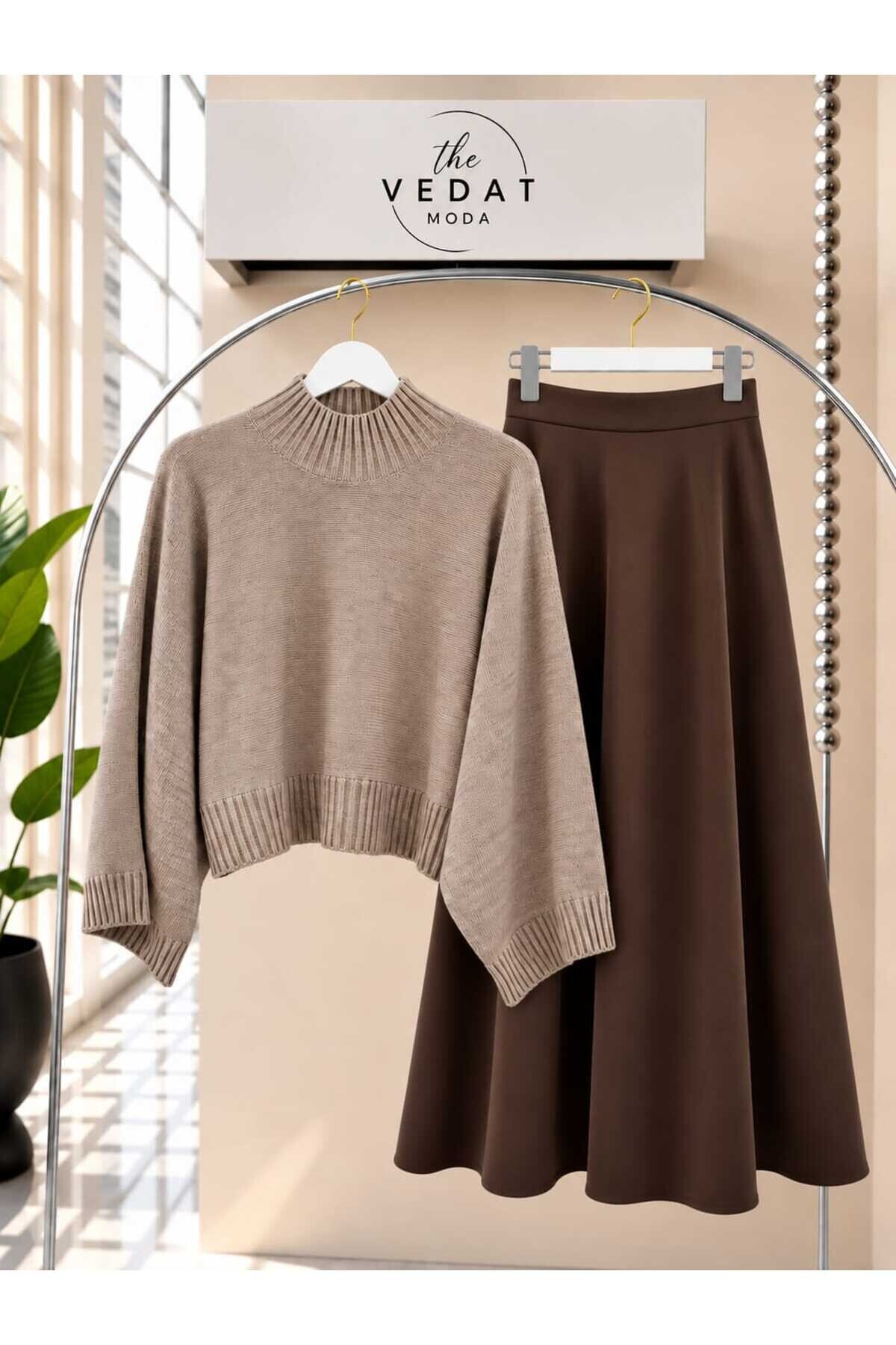 Kadın Oversize Triko Bluz - Puf Scuba Etekli Takım -0500