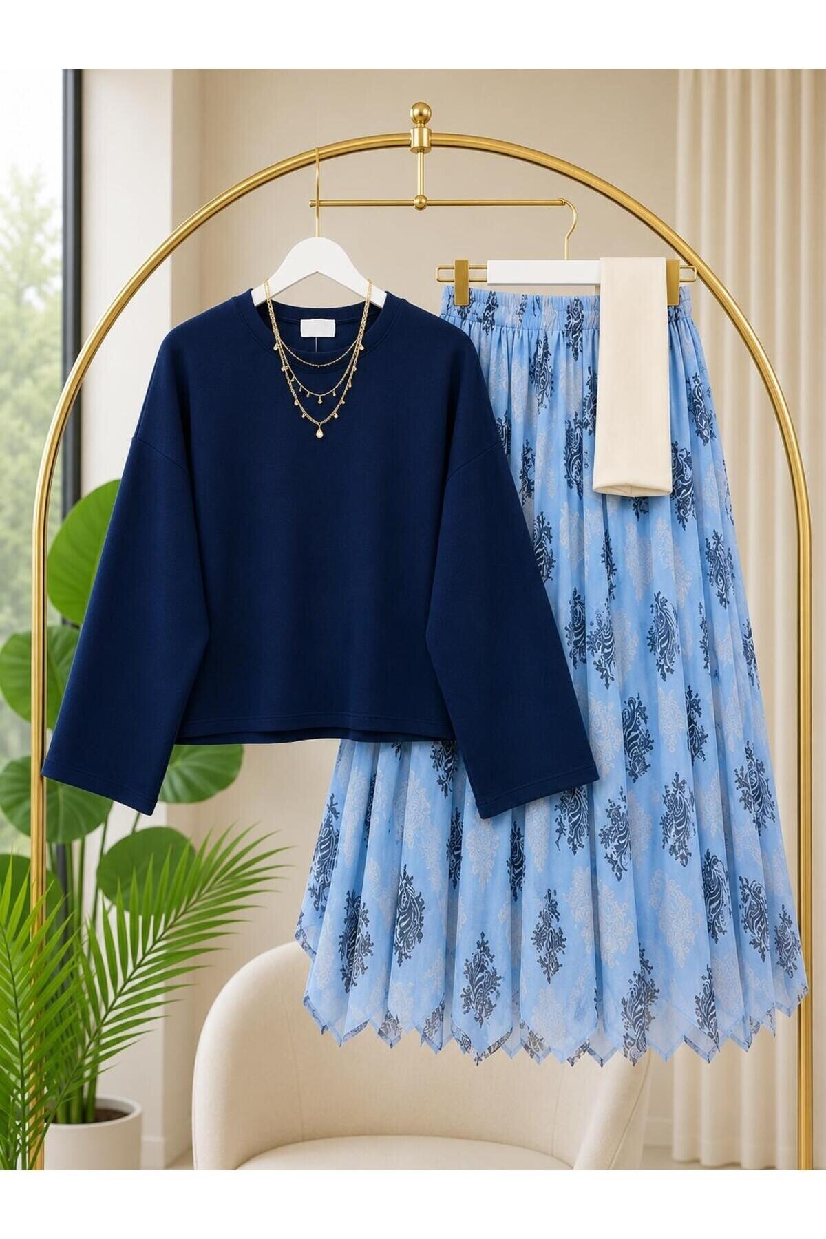 Kadın Oy-So Bluz Tül Desenli Etekli Takım -0570 ( ŞAL HARİÇ )