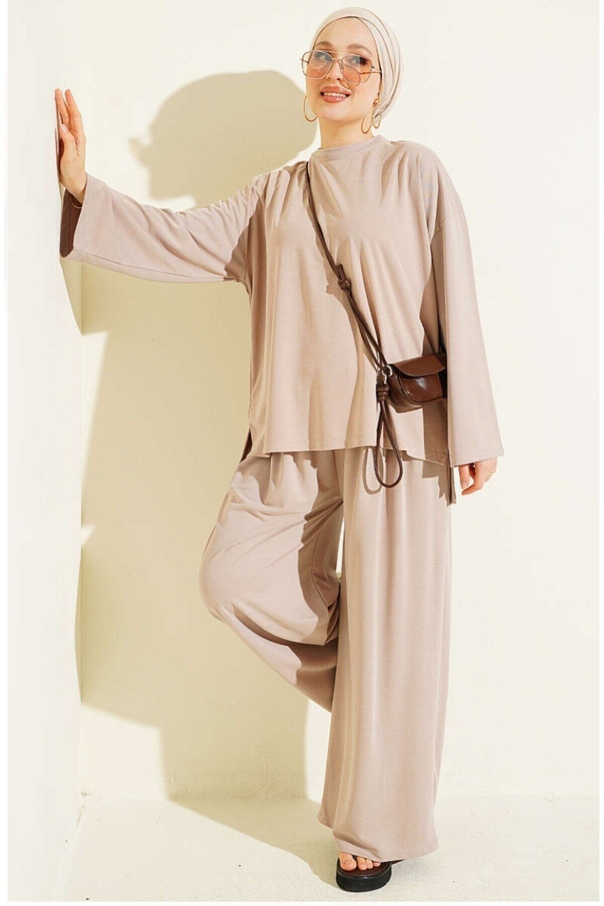 Kadın Pike Kumaş Bol Pantolon Detaylı Takım -0950