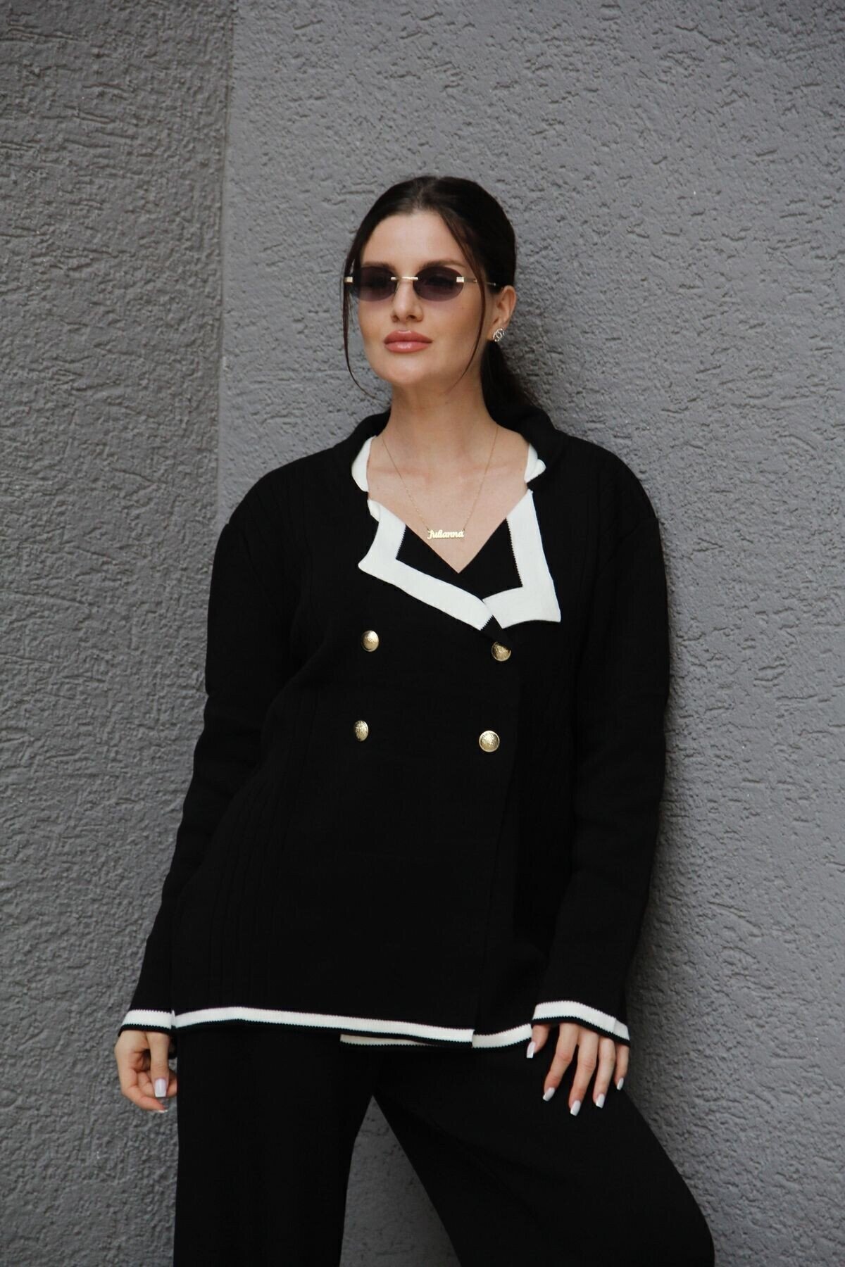 Kadın Siyah 2 Oversize Kruvaze Hırka Pantolon Takım Akrilik Triko
