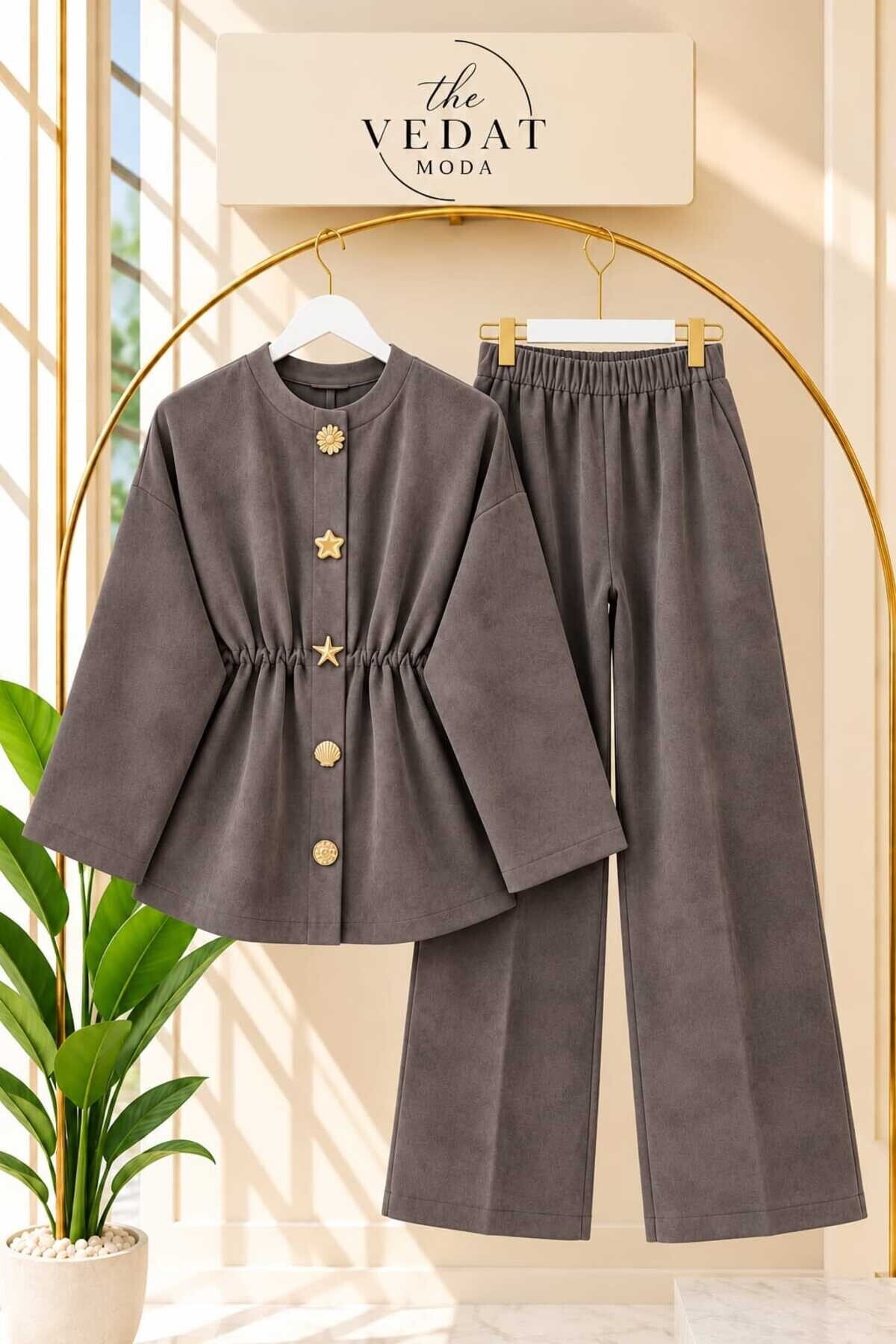 Kadın Süet Kumaş Bronş Detaylı Pantolon Takım -0650
