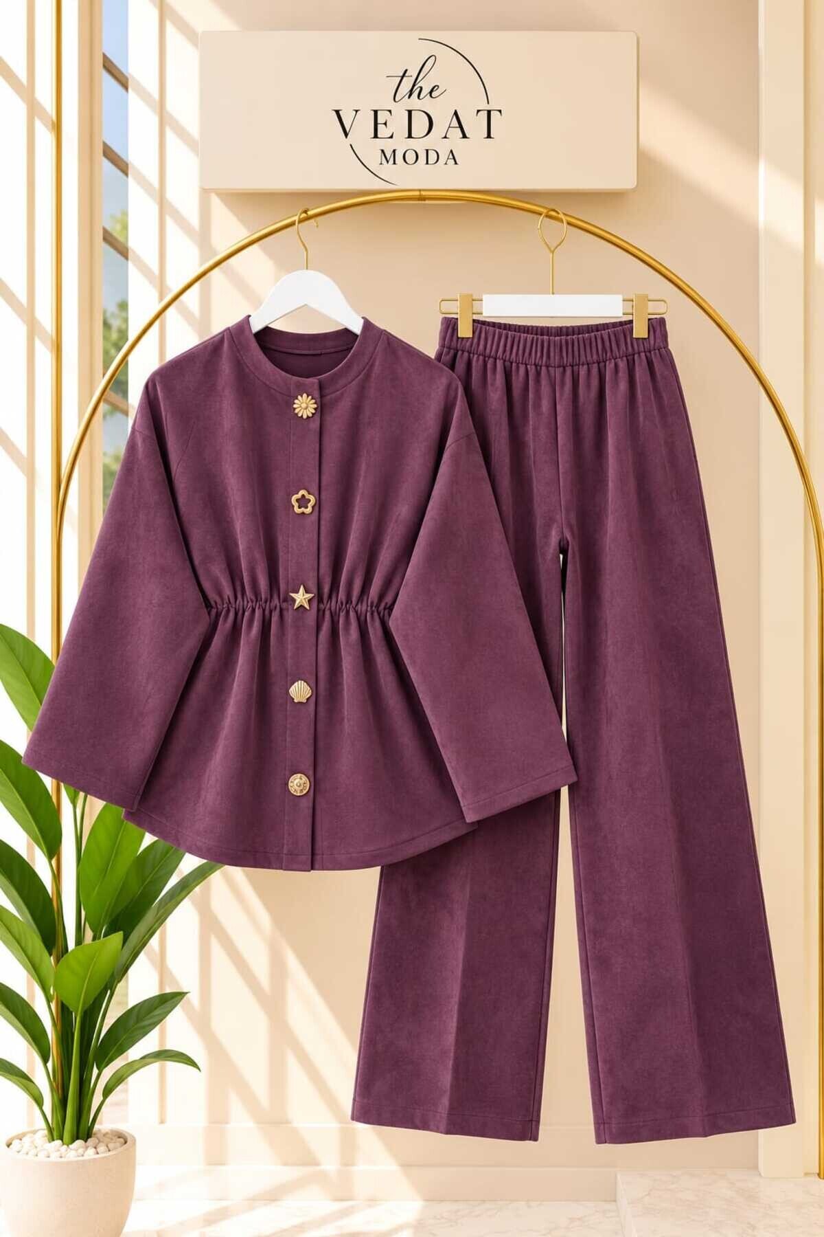 Kadın Süet Kumaş Bronş Detaylı Pantolon Takım -0650