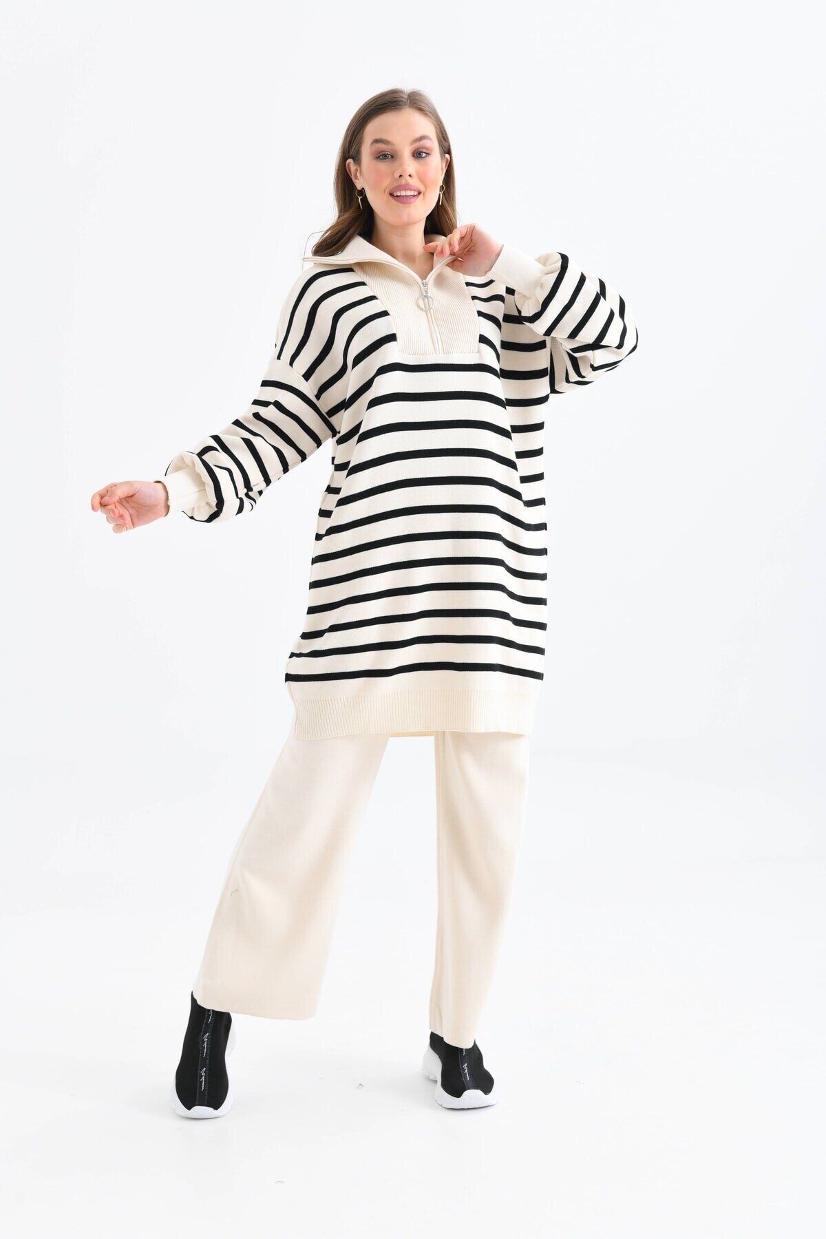 Kadın Takım Fermuarlı Çizgili Tunik Oversize Kazak Pantolon Uzun Tesettür Triko
