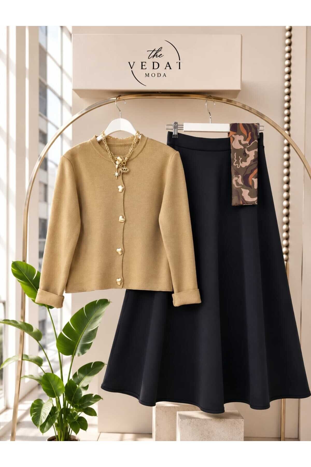 KADIN TRİKO HIRKA - PUF SCUBA ETEKLİ TAKIM BEJ-SİYAH