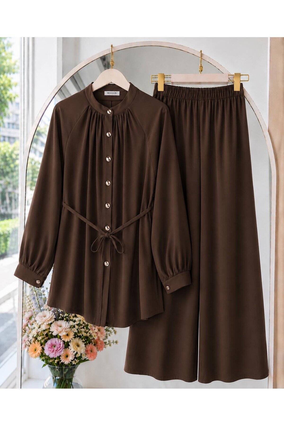 Kadın Tunik Yaka Büzgülü Pantolonlu Takım -0625 ( tunik 84 cm pantolon 103 cm )