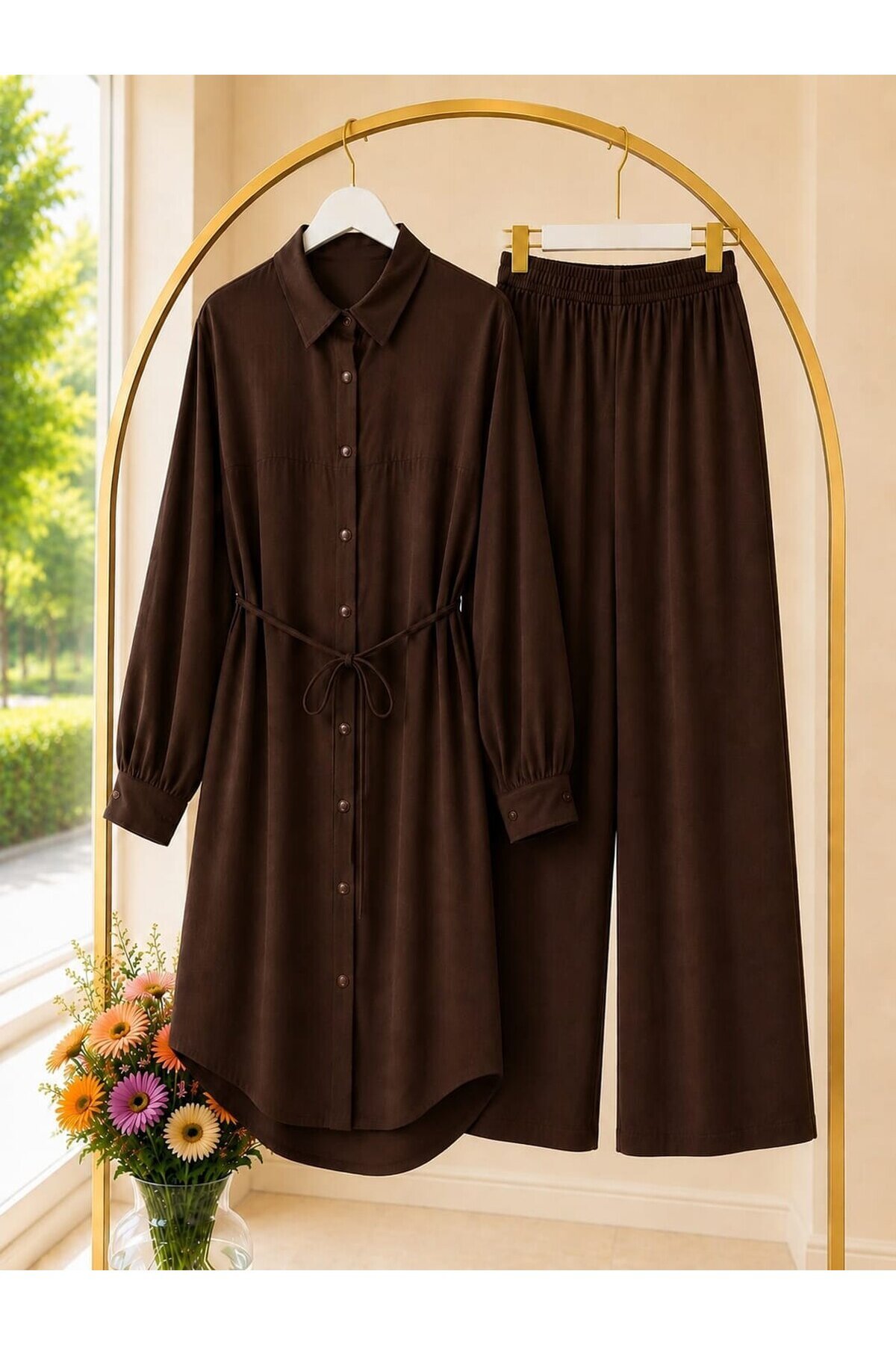 Kadın Uzun Tunik Detaylı Pantolon Takım -0500 (tunik 120 cm pantolon 100 cm )