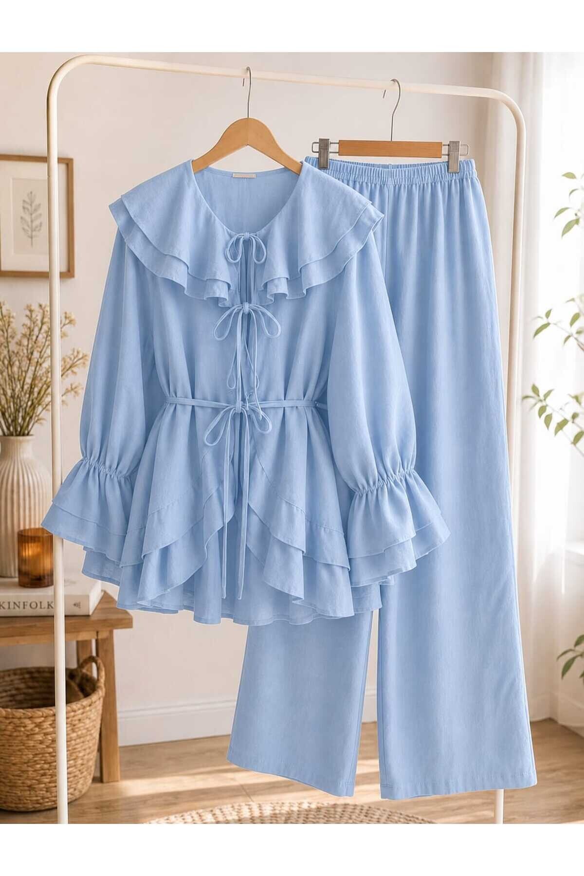 Kadın Yaka Kol Detaylı Bel İpli Pantolon Takım -0750