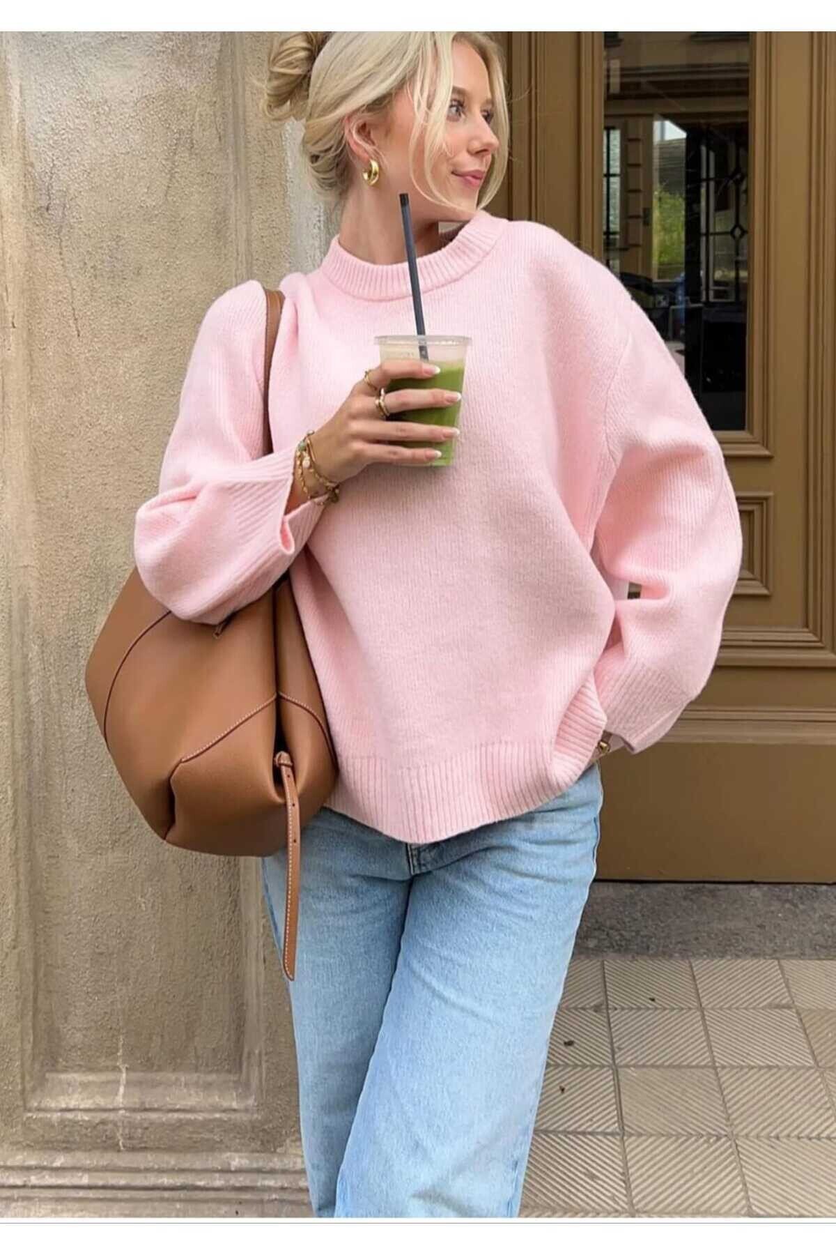 Pembe Bisiklet Yaka Oversize Triko Kadın Kazak