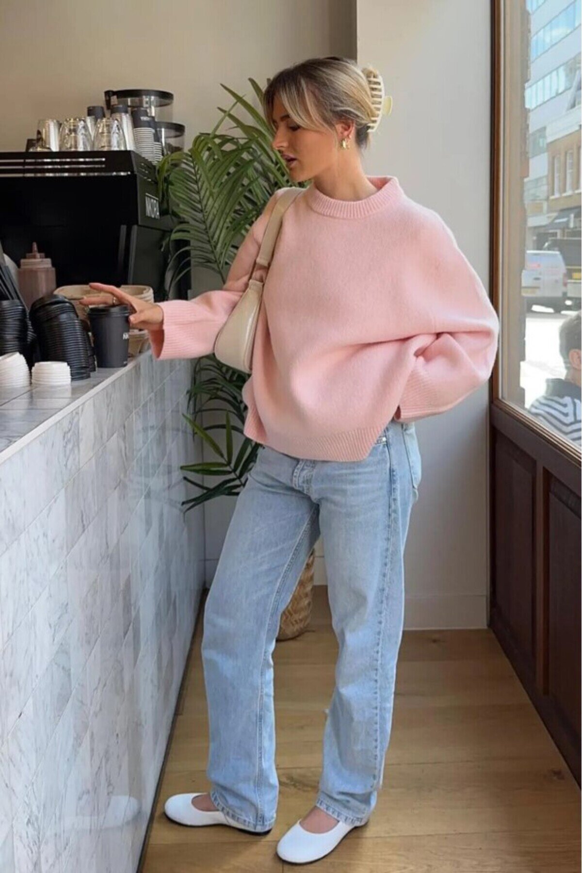 Pembe Bisiklet Yaka Oversize Triko Kazak Fmoda1972