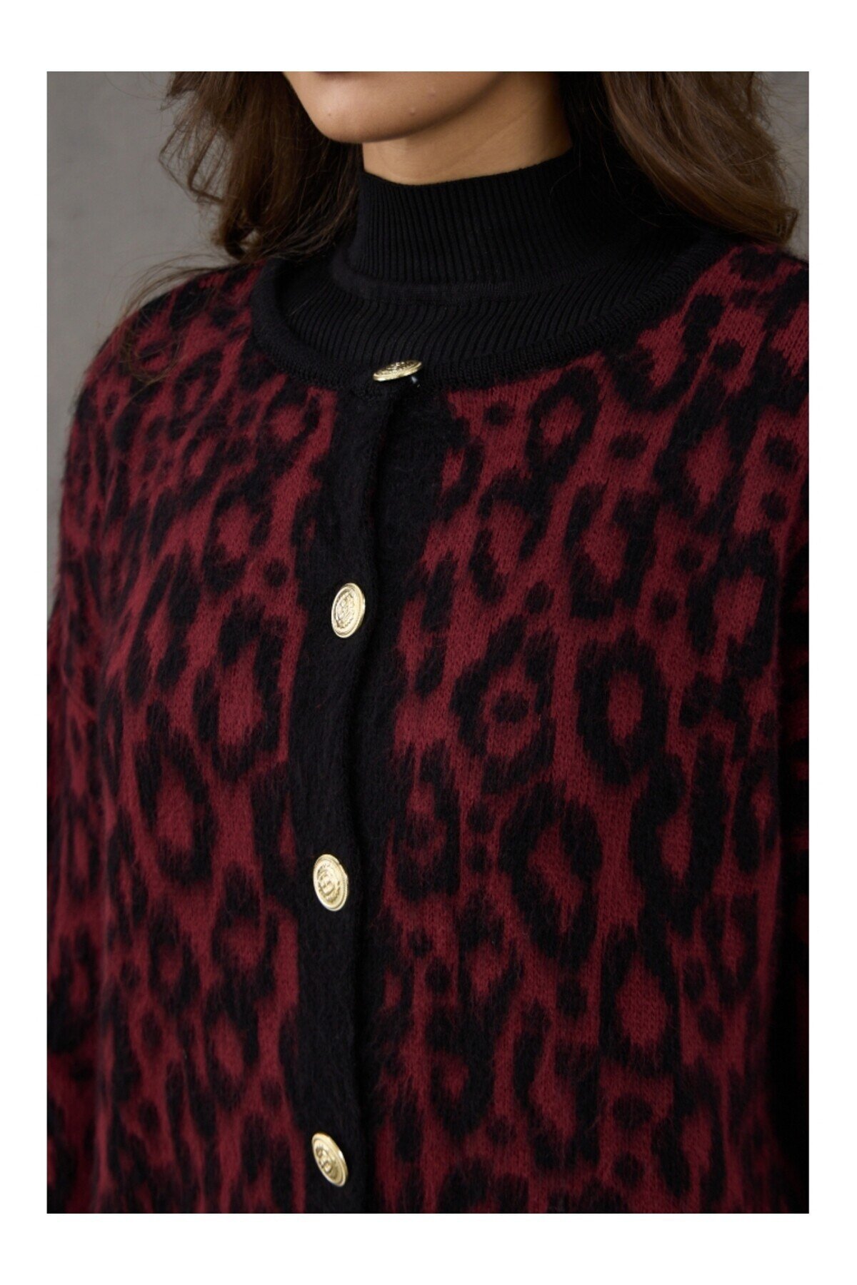 Bordo Siyah Leopar Yün Efekt Hırka