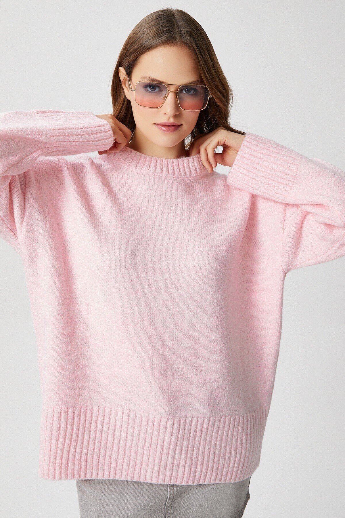 Kadın Homy Yumuşacık Bisiklet Yaka Soft Pembe Oversize Triko Kazak