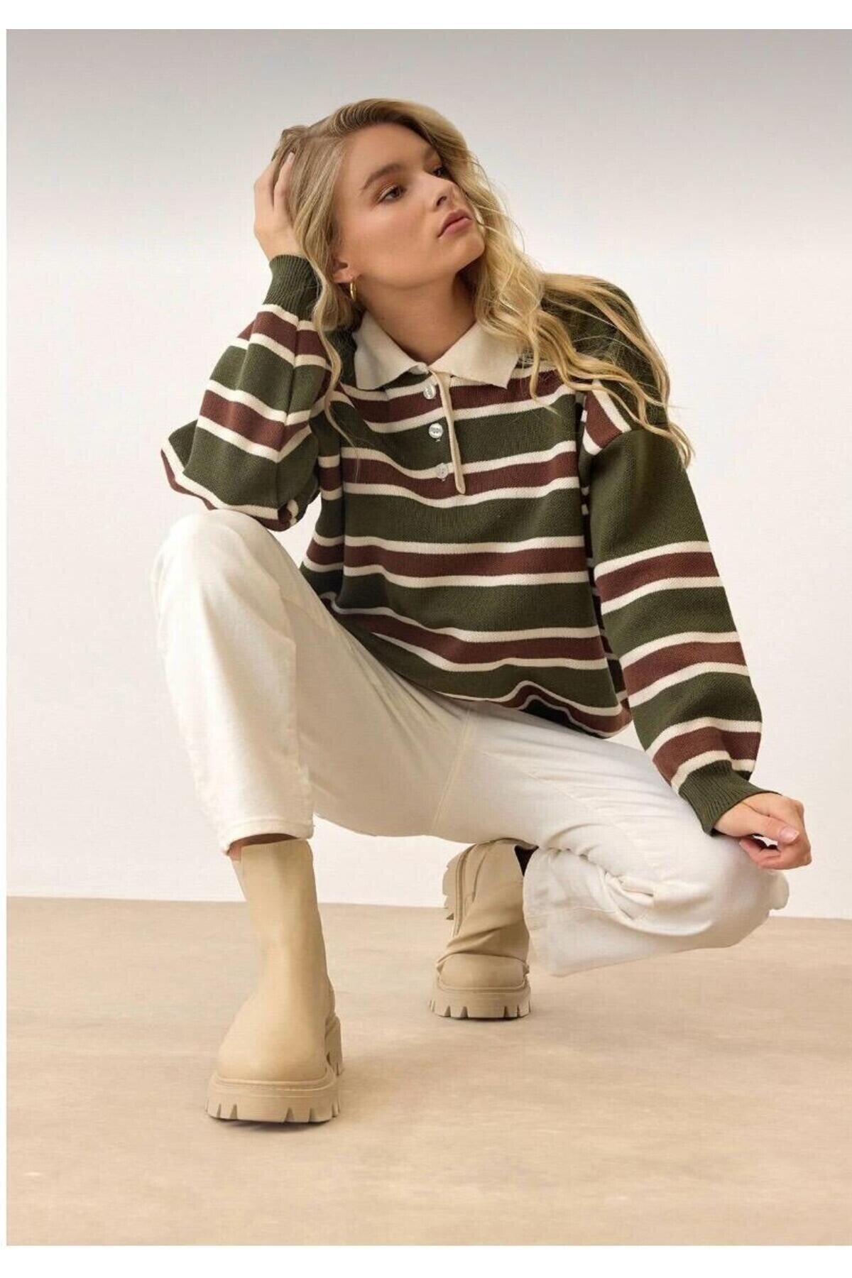 Kadın Polo Yaka Düğmeli Triko Kazak