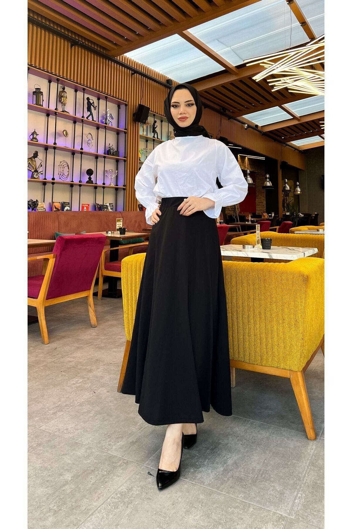 Tesettür Maxi Boy 36-48 Beden Arası (S-M-L-XL) Altı Dikişli Dört Mevsim Skuba Krep Etek Siyah