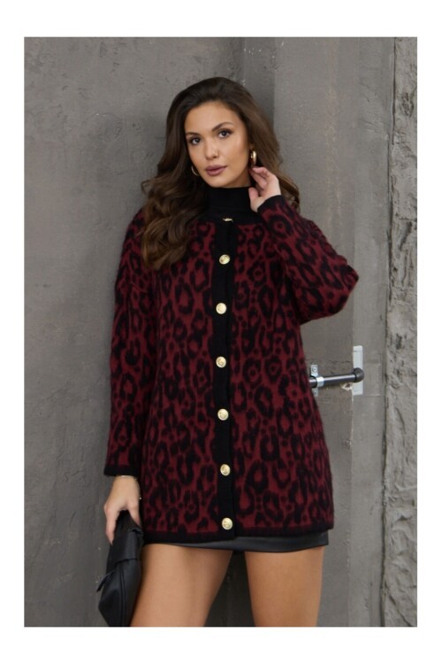 Bordo Siyah Leopar Yün Efekt Hırka