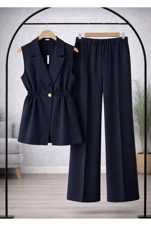 Kadın Bel Büzgülü Düğme Detaylı Pantolonlu Takım -0550
