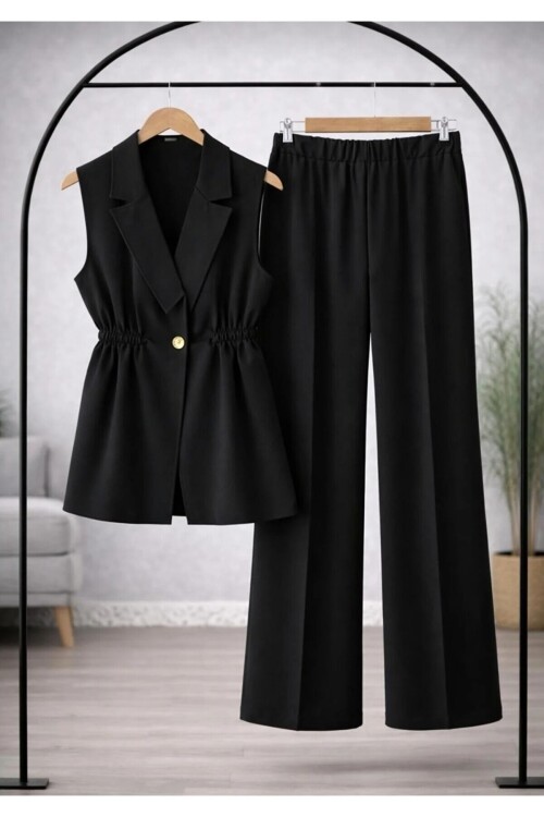 Kadın Bel Büzgülü Düğme Detaylı Pantolonlu Takım -0550