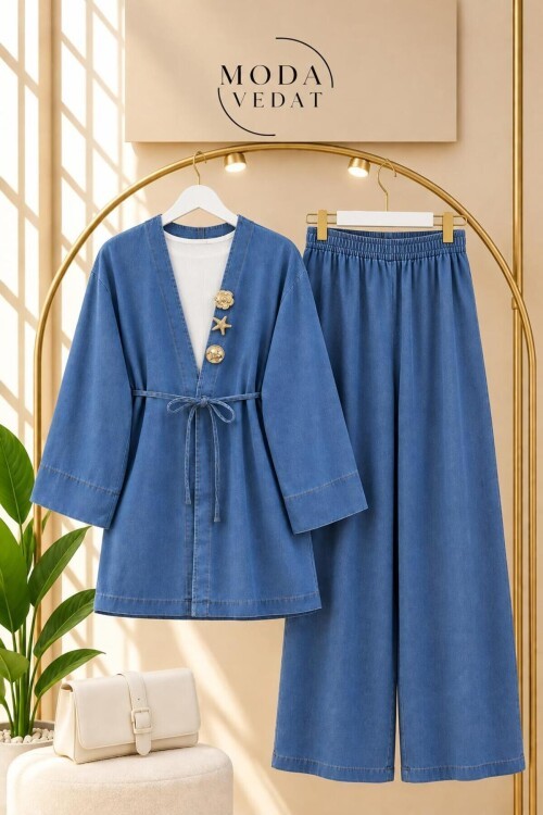 Kadın Bronş Detaylı Kimono Kot Takım -0800 (AÇIK MAVİ)