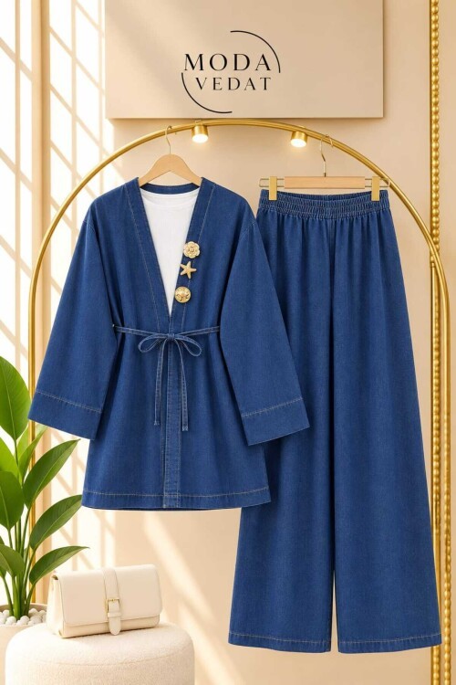 Kadın Bronş Detaylı Kimono Kot Takım -0800 (LACİ)