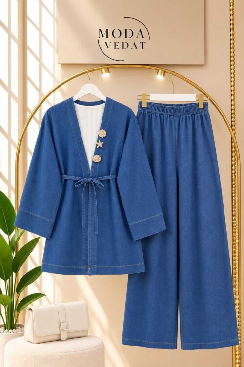 Kadın Bronş Detaylı Kimono Kot Takım -0800 (ORTA MAVİ)