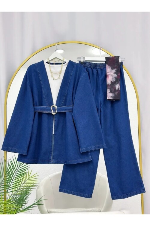 Kadın Kemer Detaylı Kimono Pantolonlu Kot Takım -0750 ( ORTA MAVİ)