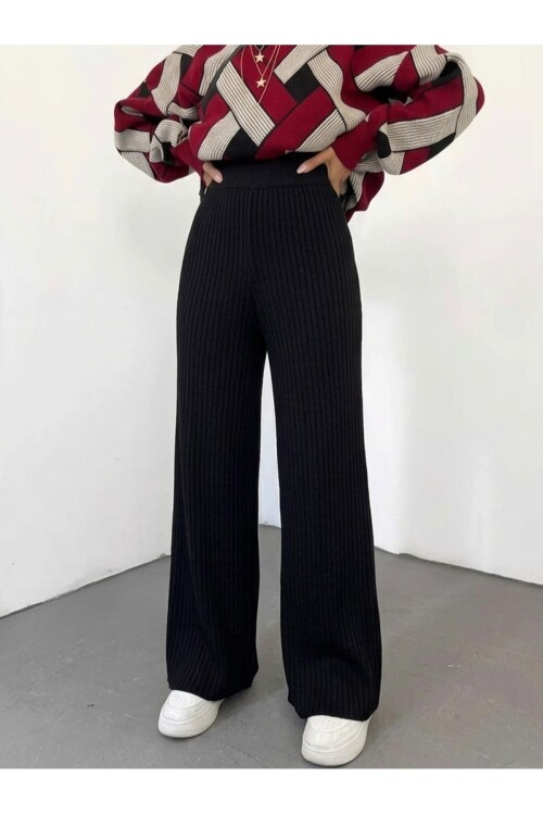 Kadın kışlık rahat kalıp bol paça comfort beli lastikli triko pantolon