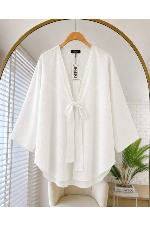 Kadın Ön Fiyonk Bağlamlı Çilek Kumaş Kimono -0350