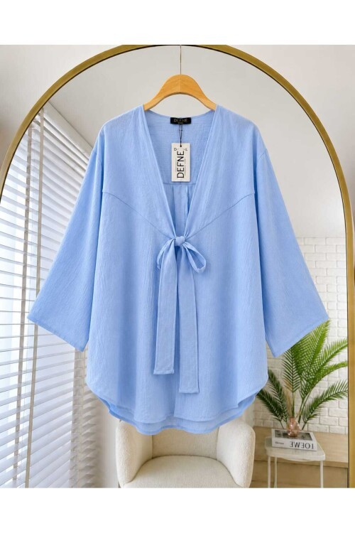 Kadın Ön Fiyonk Bağlamlı Çilek Kumaş Kimono -0350