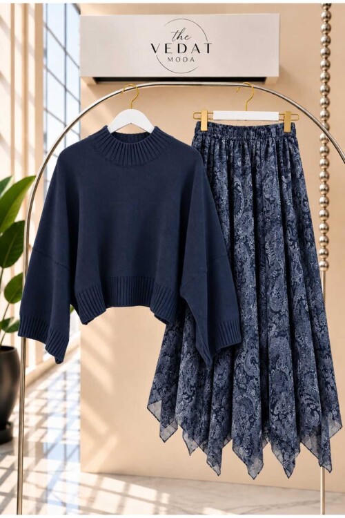 Kadın Oversize Triko Bluz - Asimetrik Kesim Tül Etekli Takım -0630