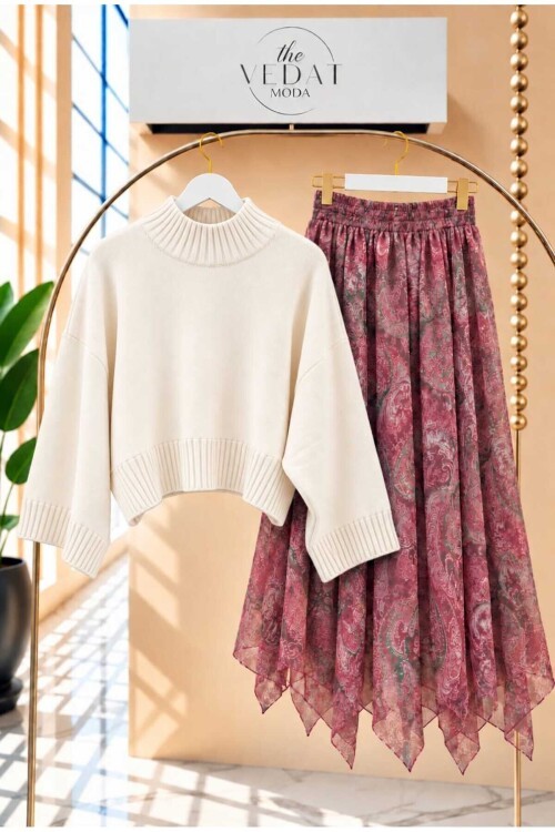 Kadın Oversize Triko Bluz - Asimetrik Kesim Tül Etekli Takım -0630