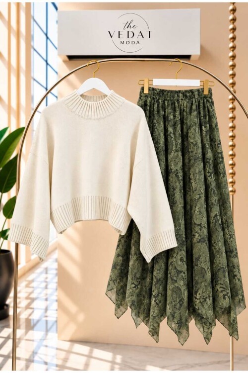 Kadın Oversize Triko Bluz - Asimetrik Kesim Tül Etekli Takım -0630