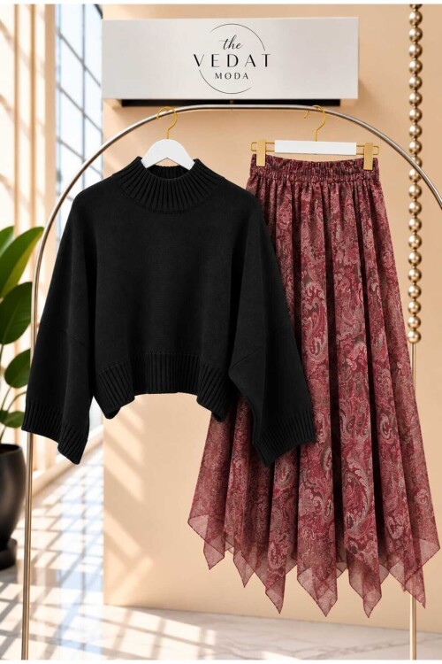 Kadın Oversize Triko Bluz - Asimetrik Kesim Tül Etekli Takım -0630