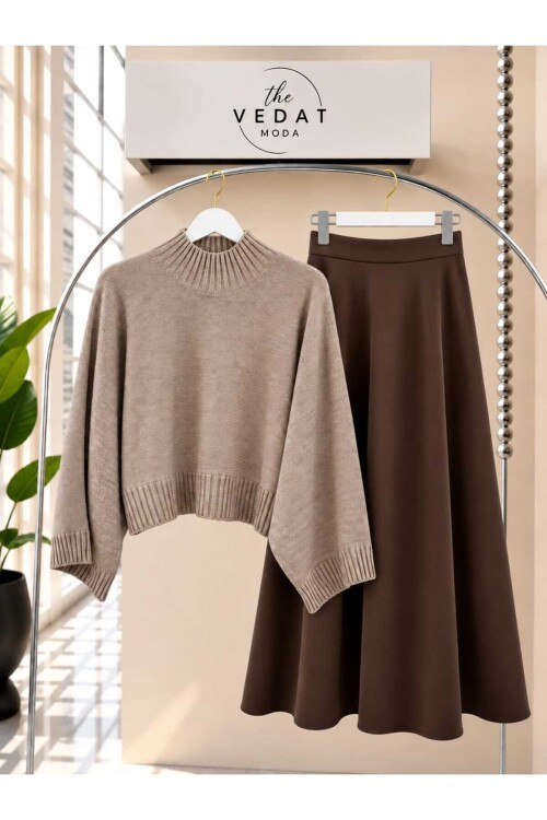 Kadın Oversize Triko Bluz - Puf Scuba Etekli Takım -0500