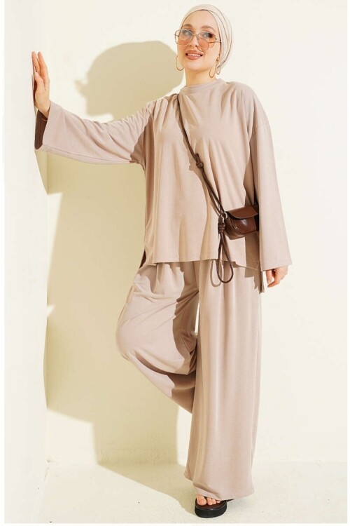 Kadın Pike Kumaş Bol Pantolon Detaylı Takım -0950