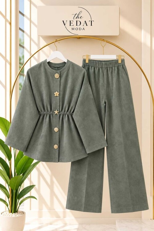 Kadın Süet Kumaş Bronş Detaylı Pantolon Takım -0650