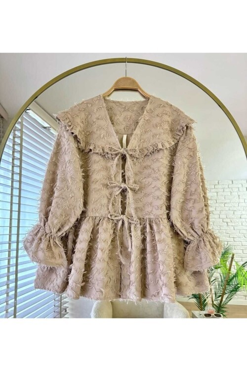 Kadın Tüy Detaylı Önden Bağlamalı Kimono -450